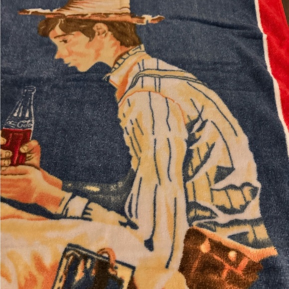 Coca Cola Norman Rockwell Scene Beach Towel 56”x28” Boy Fishing W/Dog - Picture 3 of 9